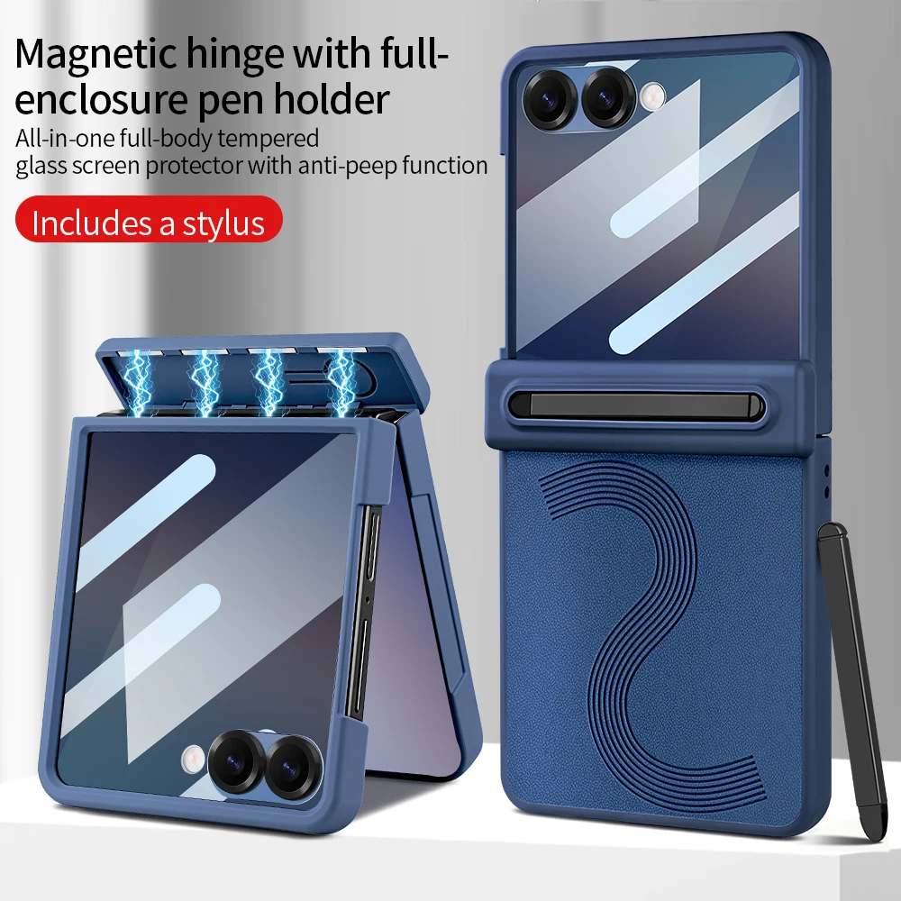 

Faux Leather Phone Case for Galaxy Z Flip 7 Full Cover with Touch Pen And Anti-peek Glass Film Compatible with Samsung Z Flip 7