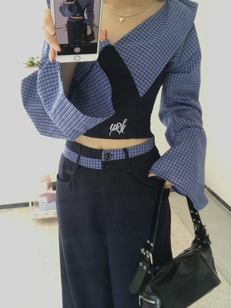 Korean College Sle Striped Patchwork Long Sve irt Women's High Waist Slimming Wide Leg Pants Faion Set Autumn 2025