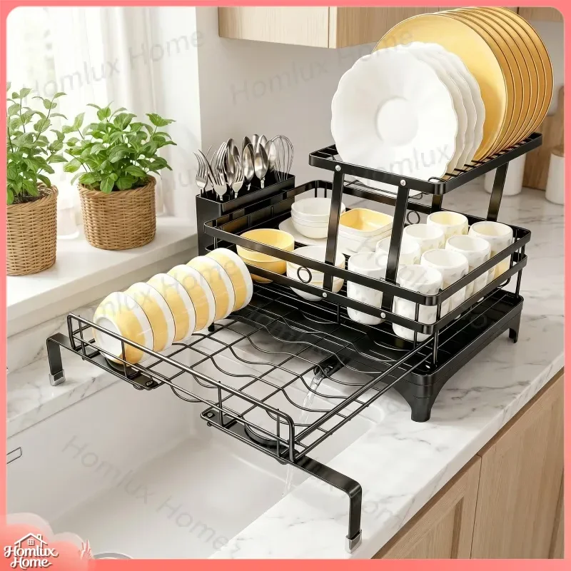Retractable Kitchen Dish Drying Rack Countertop Drain Rack for Plates Cups Chopsticks Knives Forks Utensil Storage Space