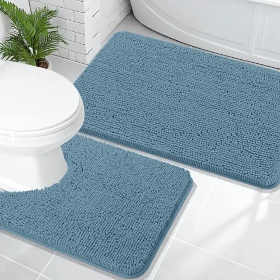 

Bathroom Rugs Sets 2 Piece Soft Absorbent Chenille Bath Mats and U-Shaped Contour Toilet Mat Area Rug Set Machine Washable Bath