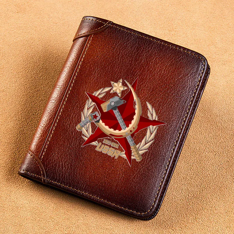 High Quality Genuine Leather Men Wallets 1922-1991 USSR Sign Short Card Holder Purse Trifold Men's Wallet BK1579