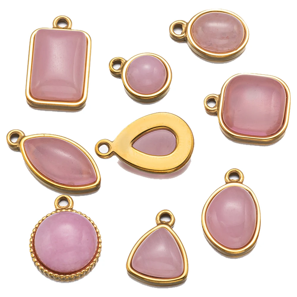 5pcs Gold Stainless Steel Natural Pink Quartz Stone Pendants Healing Gemstone Charms for DIY Necklace Bracelet Jewelry Making