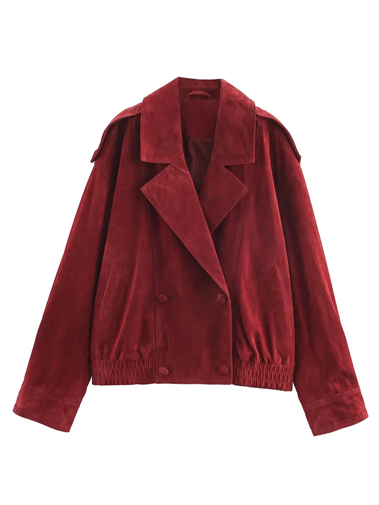 

HH Woman Fashion Turn-Down Collar Long Sleeves Double-Breasted Pocket Decoration Jackets Female Casual Loose Solid Short Coat