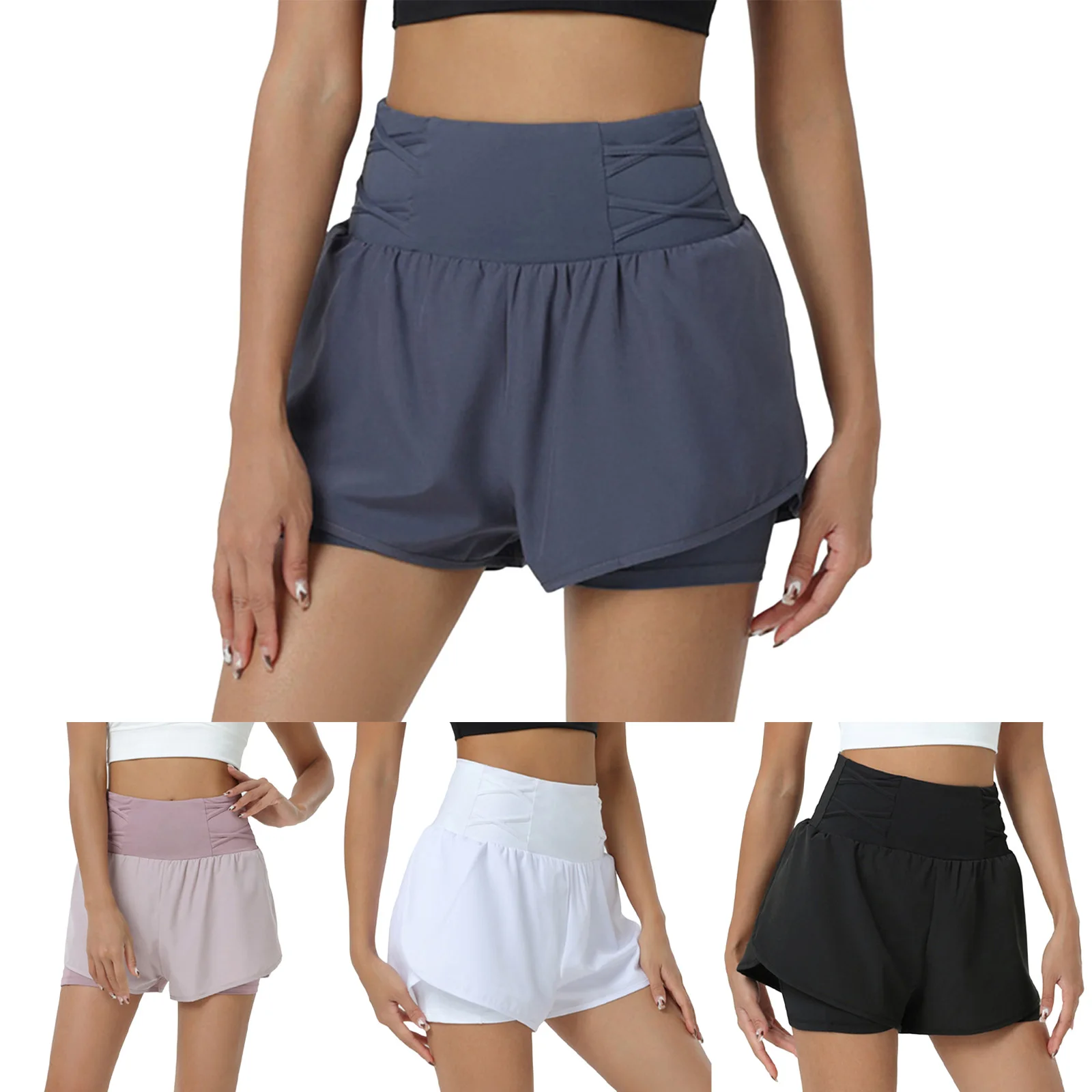 #S-XL Women Quick-Drying Golf Shorts Crisscross Elastic Waistband Sports Shorts with Built-in Shorts for Yoga Workout Running