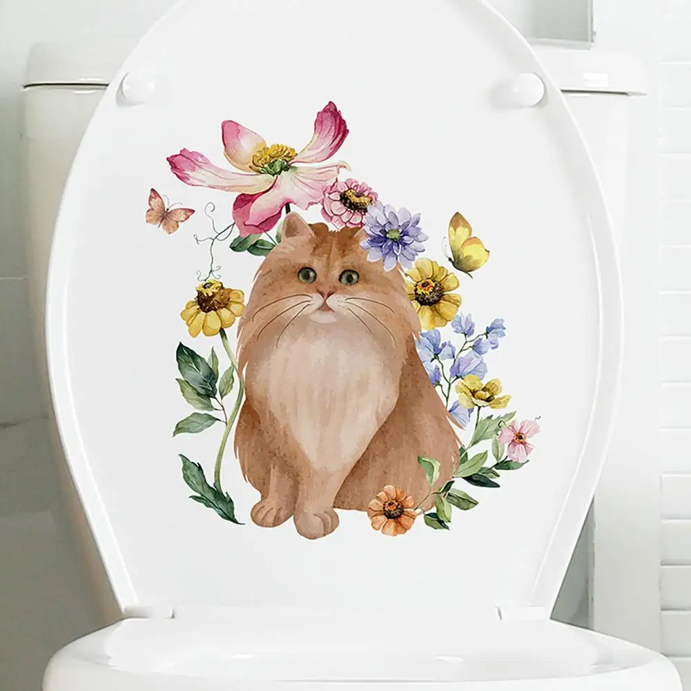 Waterproof Toilet Sticker Whimsical Cat Flower Butterflies Toilet Sticker Removable Pvc Wall Art for Room Bathroom