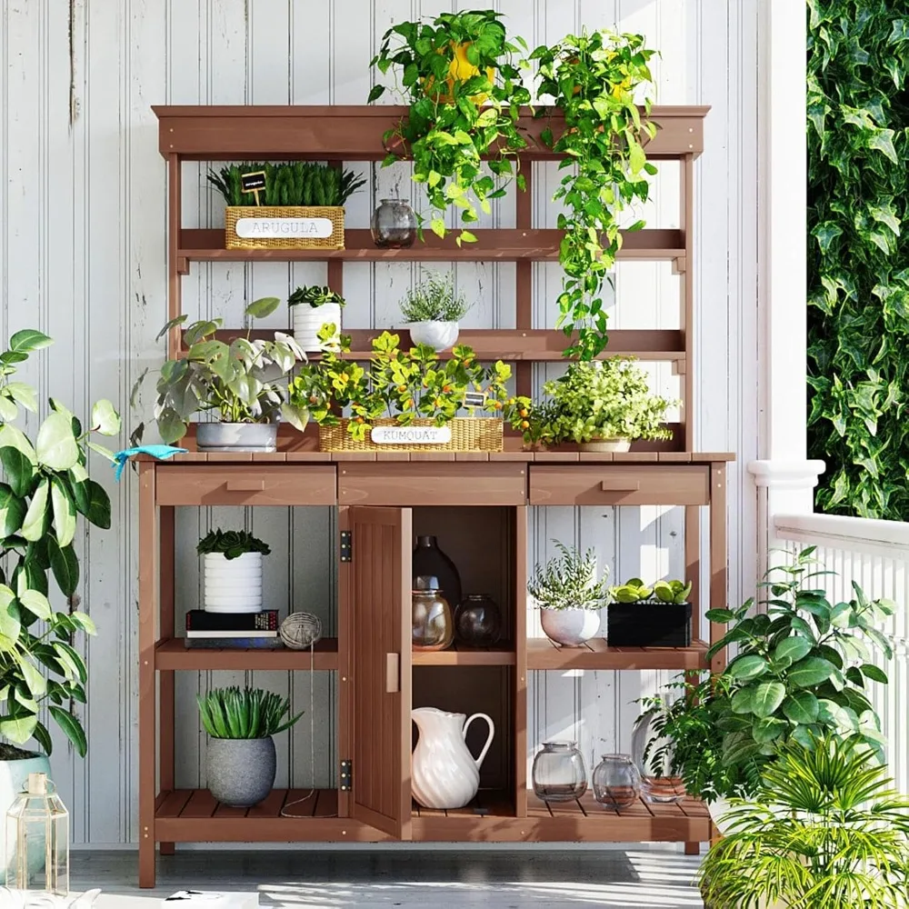 

66” Large Outdoor Potting Table with 2 Drawers, Cabinet, Open Shelves, Wooden Potting Bench for Garden, Patio, Farmhouse, Backya