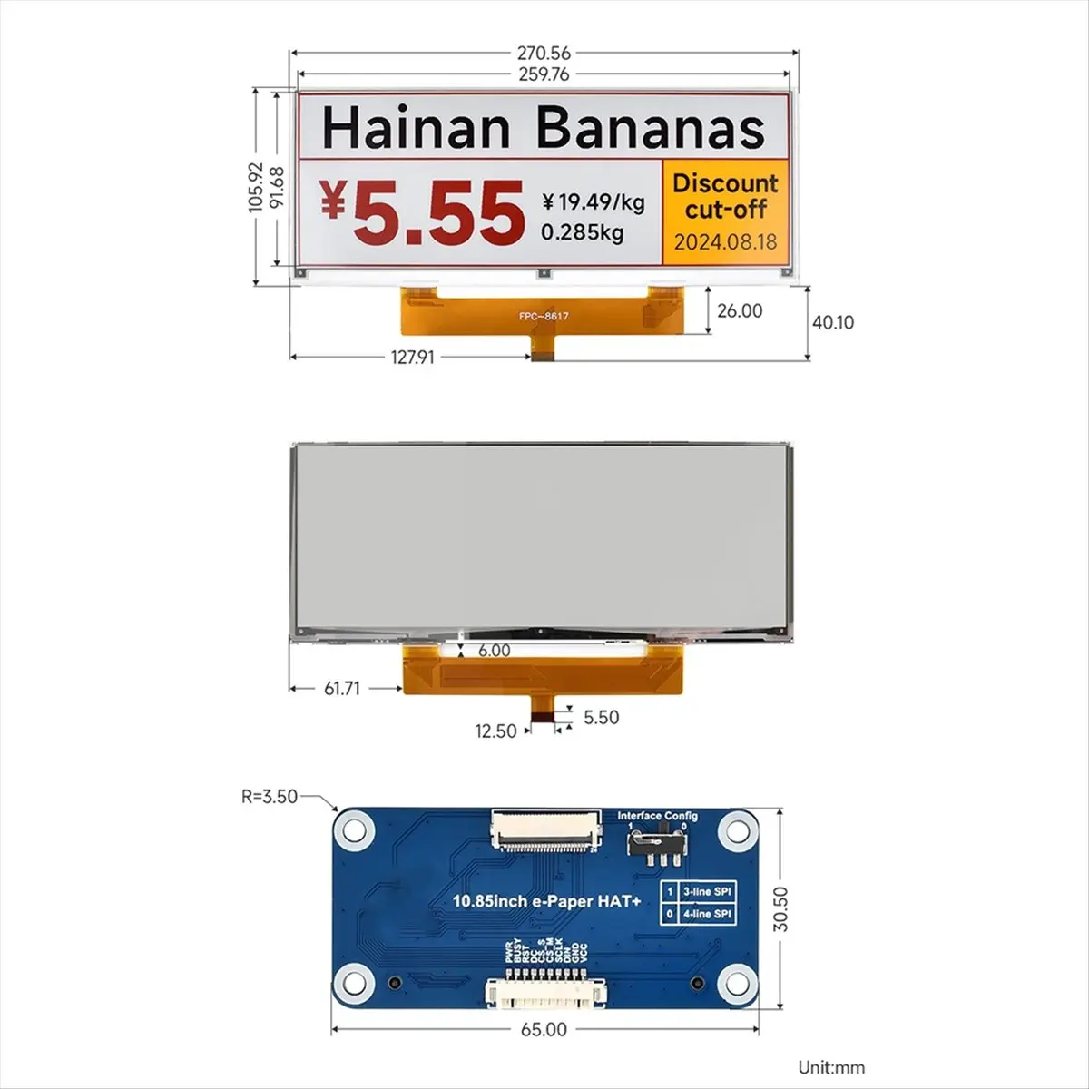 INABEZ For Raspberry Pi 10.85inch E-Paper Display HAT SPI Interface High-Resolution 1360x480 Lightweight &Low Power Consumption