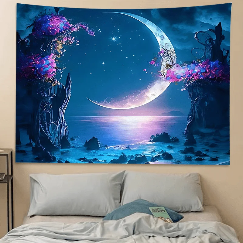 Enchanted Moonlit Tapestry with Floral Archway for a Dreamy Bedroom Decor