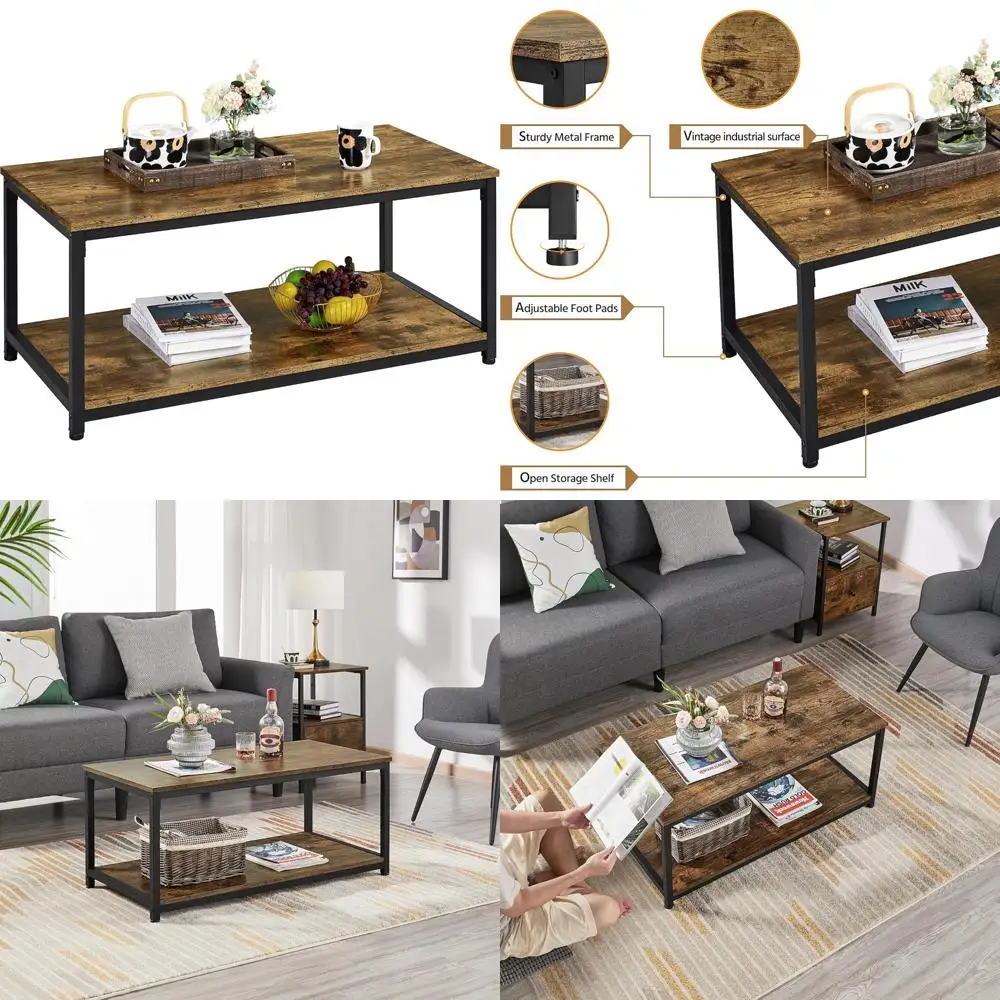 

Industrial Style Two-Tier Wooden Coffee Table with Storage for Living Room, Rectangular Side End Table