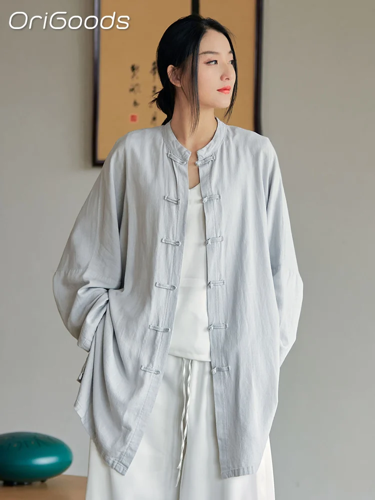 OriGoods Oversized Shirt Women Solid Red Black White Linen Shirts Oversized Chinese Japan Zen Style Long Shirt Blusas Tops B010