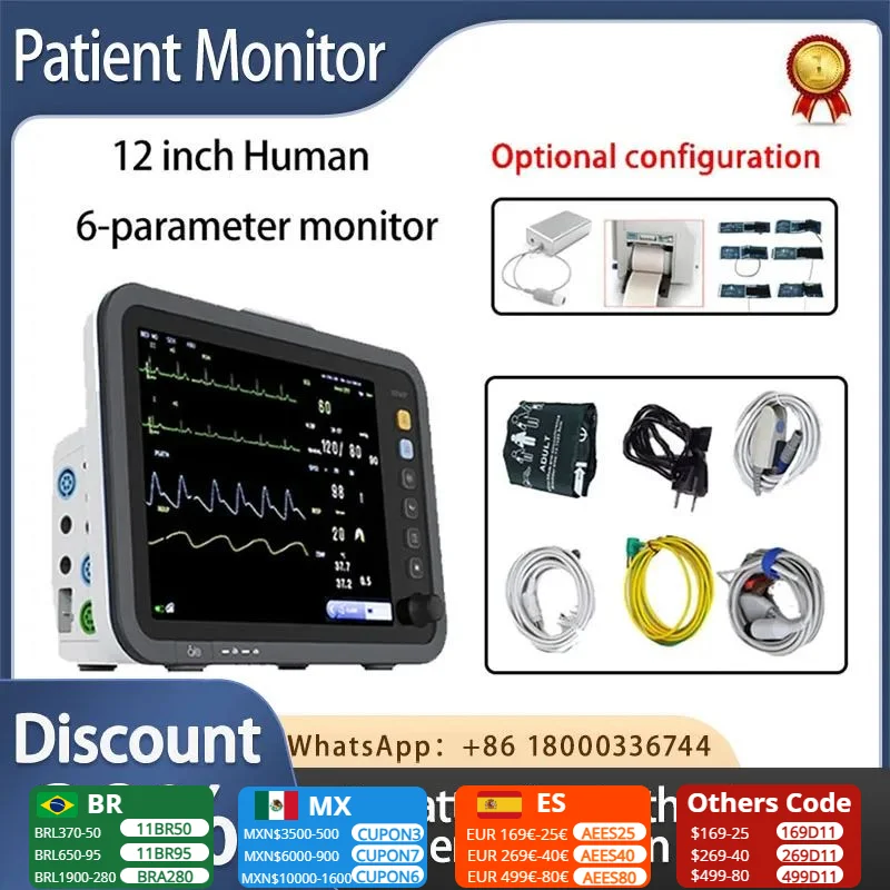 12 inch thin screen human 6-parameter monitor ECG/NIBP/PR/SPO2/RESP/TEMP patient monitor vital signs monitor