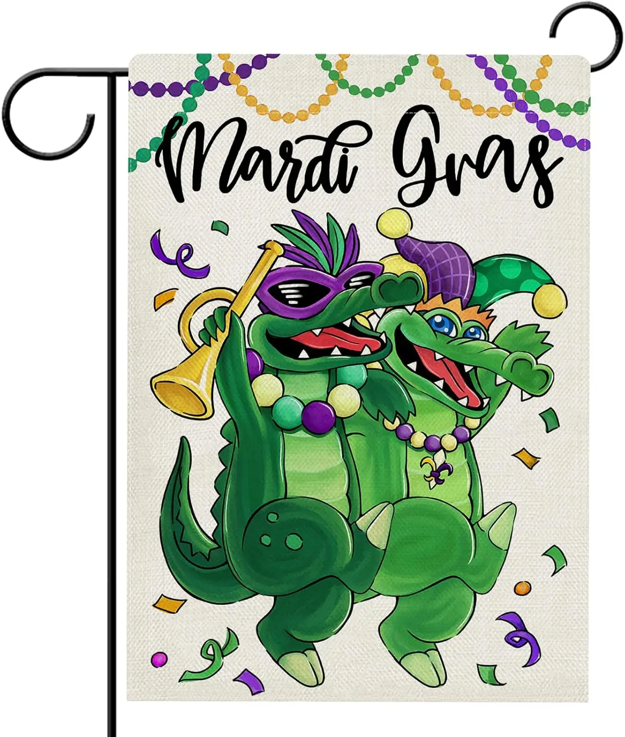 Hzppyz Mardi Gras Green Alligator Garden Flag Double Sided, New Orleans Carnival Masquerade Mask Decorative Yard Outdoor Home Sm