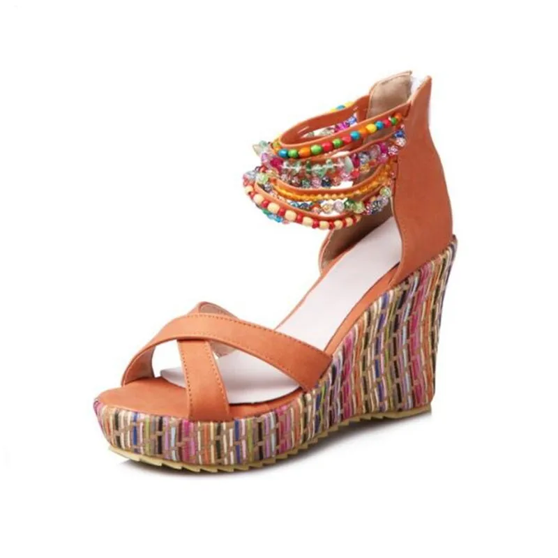 

Woman Wedge Sandals Bohemia Style Beading Peep Toe Shoes Woman Platform Fashion 10cm Summer Super High Heel Shoes Female 33-41