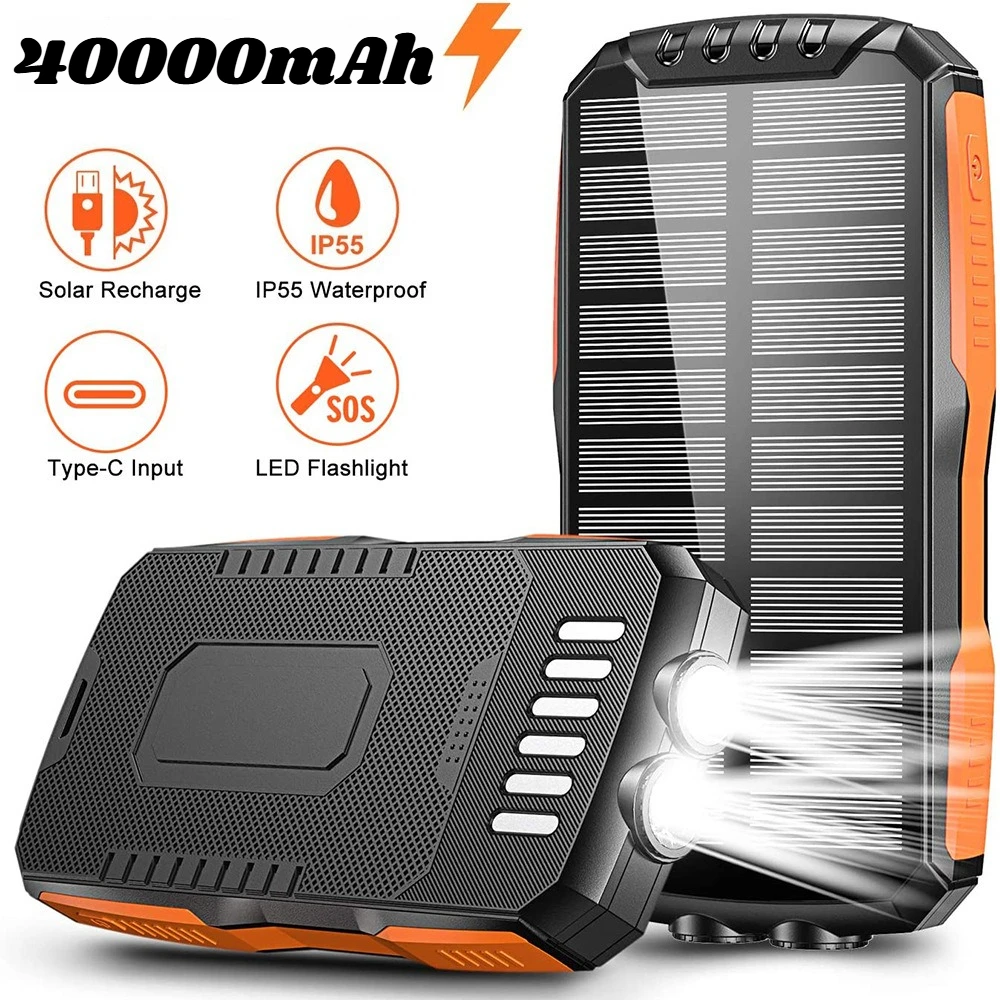 

Портативное зарядное устройство на солнечной энергии 40000 мАч со встроенными 4 кабелями и USB-C входом/выходом, быстрая зарядка PD 20 Вт