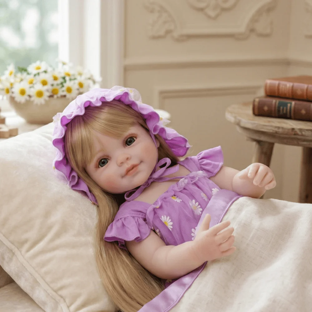 22 inch Lifelike Reborn Baby Soft Vinyl Cute Purple Dress Girl Birthday Children's day gift Visible Veins Newborn Gift