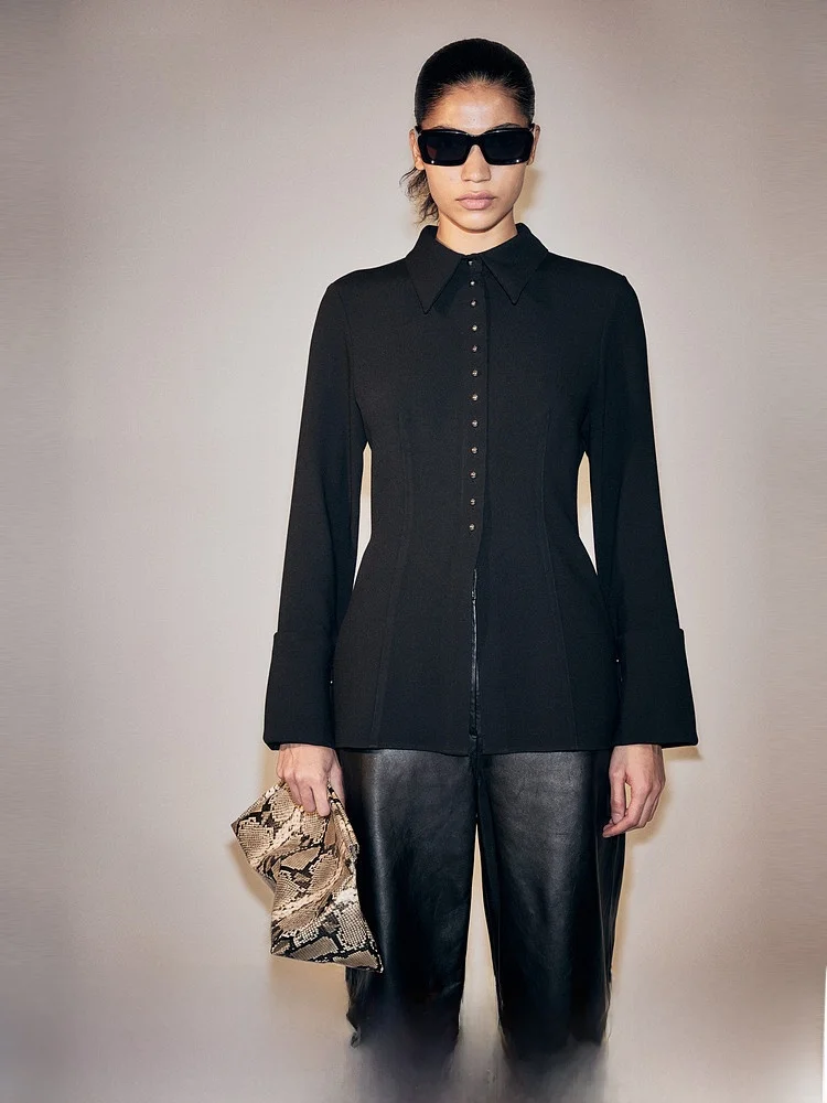 

H&M Women's Shirt Spring Waist-Cinching 1307794 Long Sleeve Button-Up Slim Fit Polyester Rayon Spandex Regular Thickness