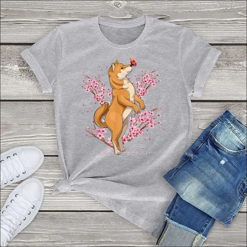 FLC 100% Baumwolle Japanischen Shiba Inu Kawaii Frauen T Shirt Kirsche Blossom Unisex Tops Sakura Bäume Casual Grafik Weibliche T hemd