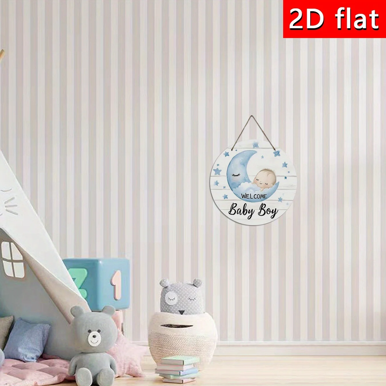2D Flat Printing, One Round Wooden Sign 'Welcome Little Baby', Sleeping Baby And Moon Logo, Perfect for Baby Room, Bedroom Or Ho
