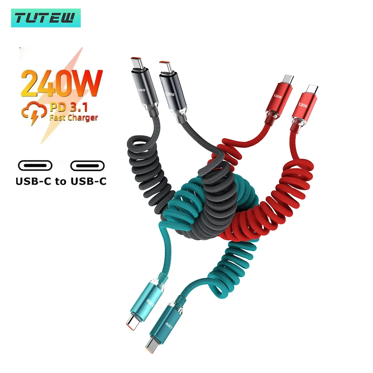 120W Car Spring Cable Retractable USB C To Type C Fast Charging Cable For Samsung S25 For iPhone15 16 17 USB C Cable For Huawei