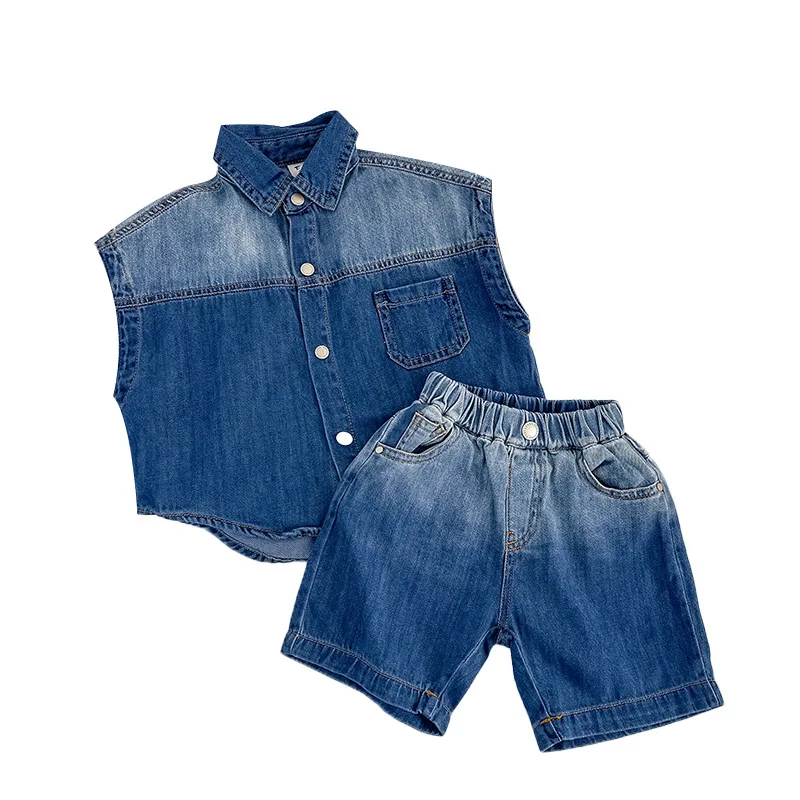 Children's Summer Sleeveless Gradient Shirt 2025 New Boys' Denim Suit Stylish Two-Piece Set