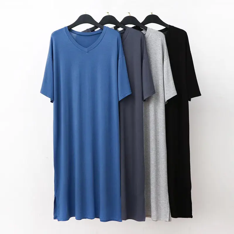Cool Modal Men's Nightgown Summer Loose Thin Home Clothes Robe V-neck Short Sleeve Morning Robe Sleepwear Casual Home Style