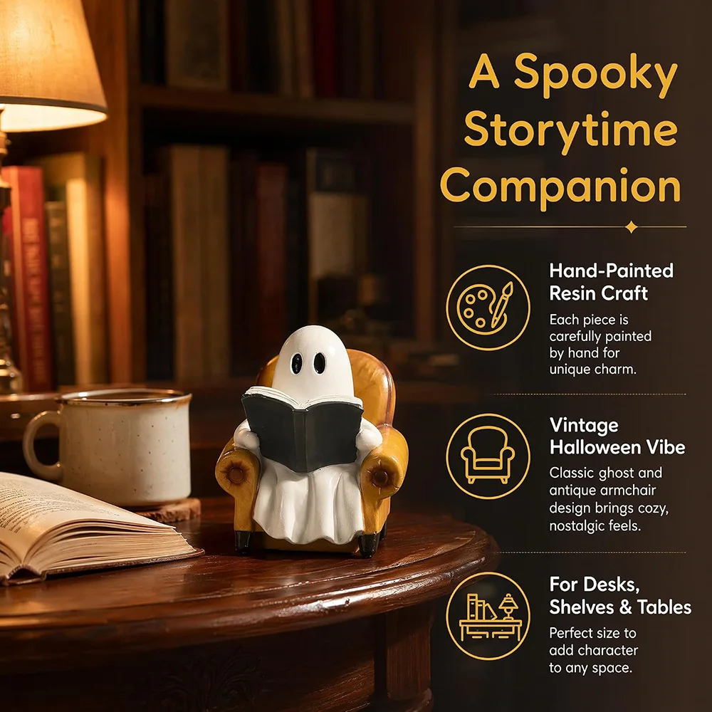 8CM Cute Ghost Reading Book Resin Figurine Modern Style Spooky Ghost Sitting On Sofa Statue Unique Halloween Tabletop Decor