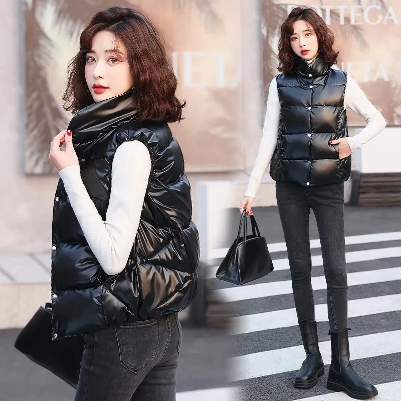 2023 New Down Cotton Vest Women's Winter Short Cotton Coat Thick Female Cotton Quilted Top Stand Collar Sweetheart Outwear Black