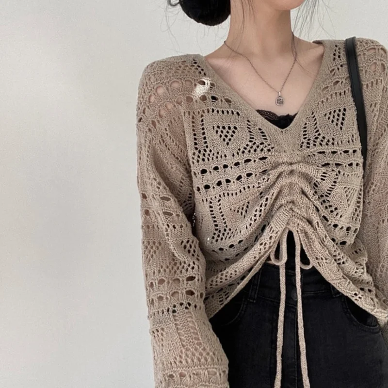 Sweaters Women Spring College Cropped Lace Up Chic Khaki Pure Hollow Out Knitwear All-match Trendy Mujer Simple Aesthetic White