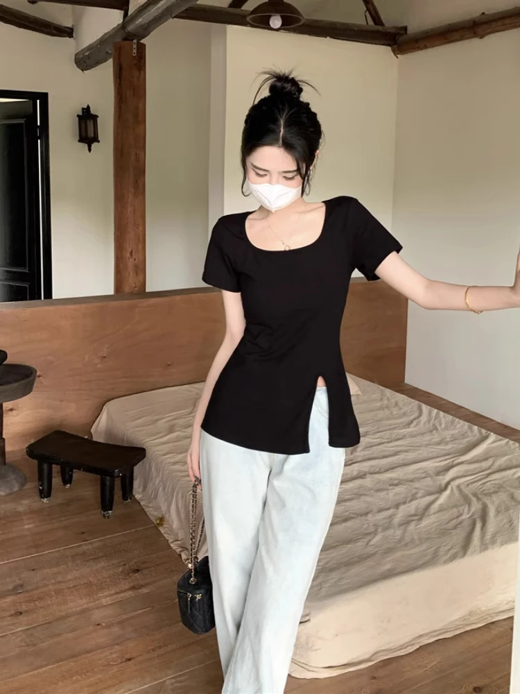 Cseta fena slim fit manga curta com decote em u, moda verão, fenda aberta, doce e picante, top pequ, estilo coreano...