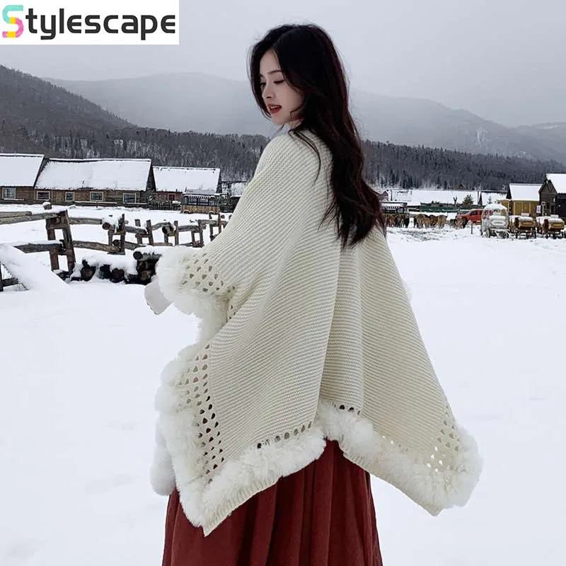 Autumn and Winter Warm Fur Paired with Skirt Shawl Cloak Women's Winter Knitted Super Fairy Sweater Cardigan Jacket Warm Cloak