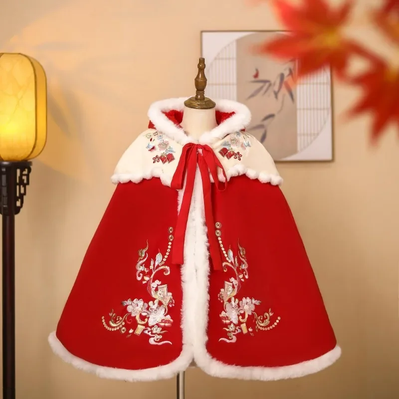 

Children Red Cloak Cosplay Winter Girls Cape Rabbit Embroidery Traditional Chinese dress Hanfu New Year Costume Hooded Robe