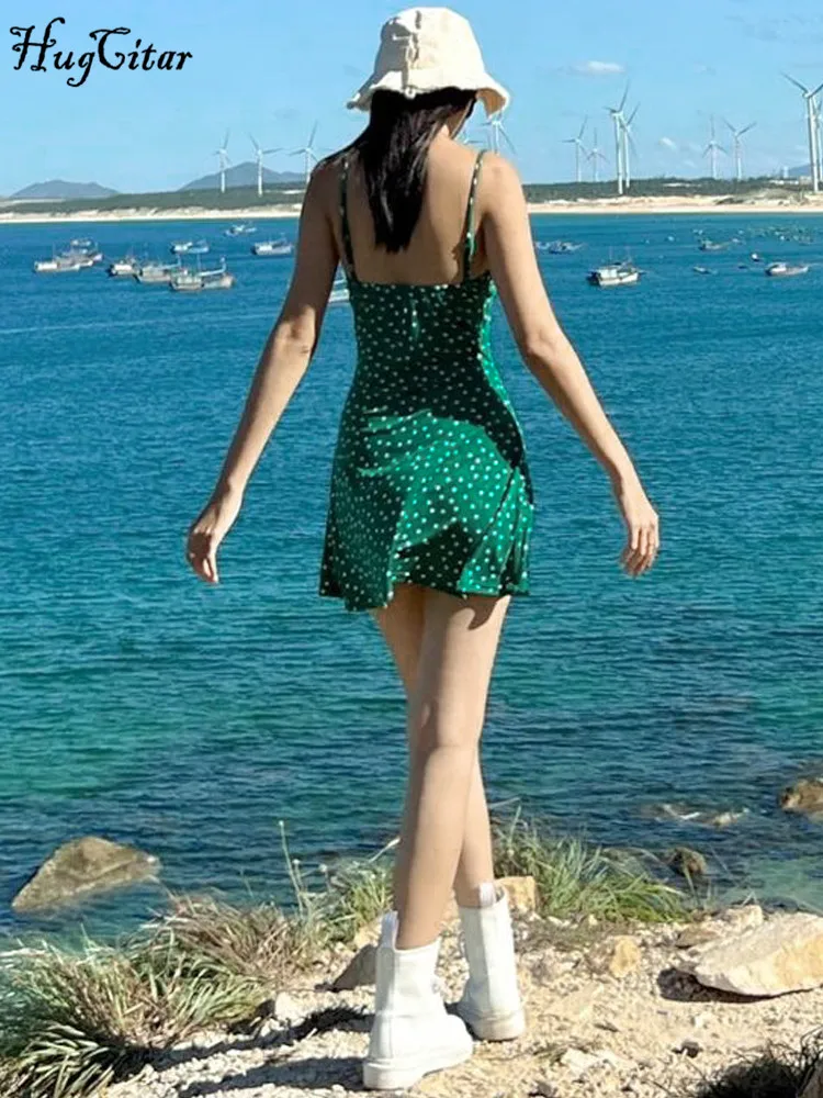 Hugcitar 2024 Estate Spot Stampa Sottovesti Backless Sexy Elegante Aderente Mini Vestito Da Promenade Delle Donne Abiti Casual Y2K Beach Festival
