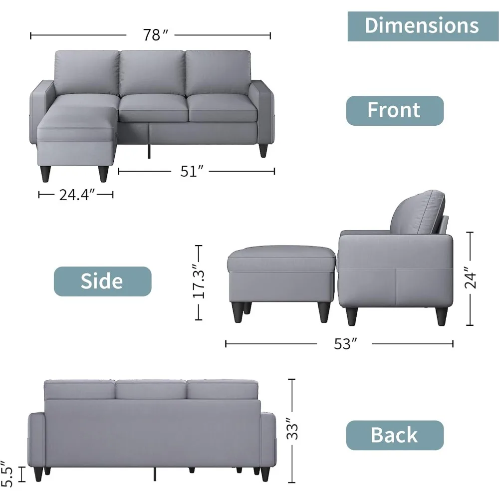 Convertible L-Shaped Sectional Sofa with Reversible Ottoman, 3-Seat Gray Couch for Living Rooms, Apartments, Offices