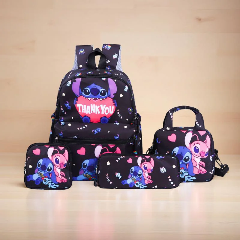 กระเป๋าเป้สะพายหลัง Stitch 4 ชิ้น, กระเป๋าดินสอ, กระเป๋าสะพาย, ชุดกระเป๋าสตางค์, กระเป๋านักเรียน Stitch และ Angel, กระเป๋าเดินทางนักเรียนแบบสบายๆ, ของขวัญ