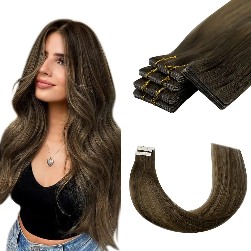 Full Shine Virgin Invisible Hair Dark Color Tape in hair extension Injection Hair Extensions 100% Human Hair For Party