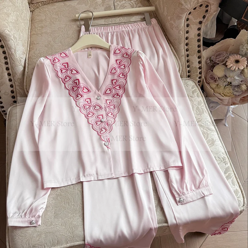 

Sexy V-Neck Pajamas Ice Silk Sleep Set Women Homewear Pijama Mujer Embroider Love Loungewear Trousers Suit Rayon Pyjamas Femme