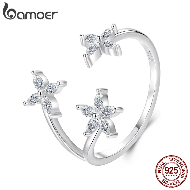 

Bamoer Zircon Flower Open Ring 925 Sterling Silver Unique Three Flower Design Adjustable Ring Women Fine Jewelry Nice Gift