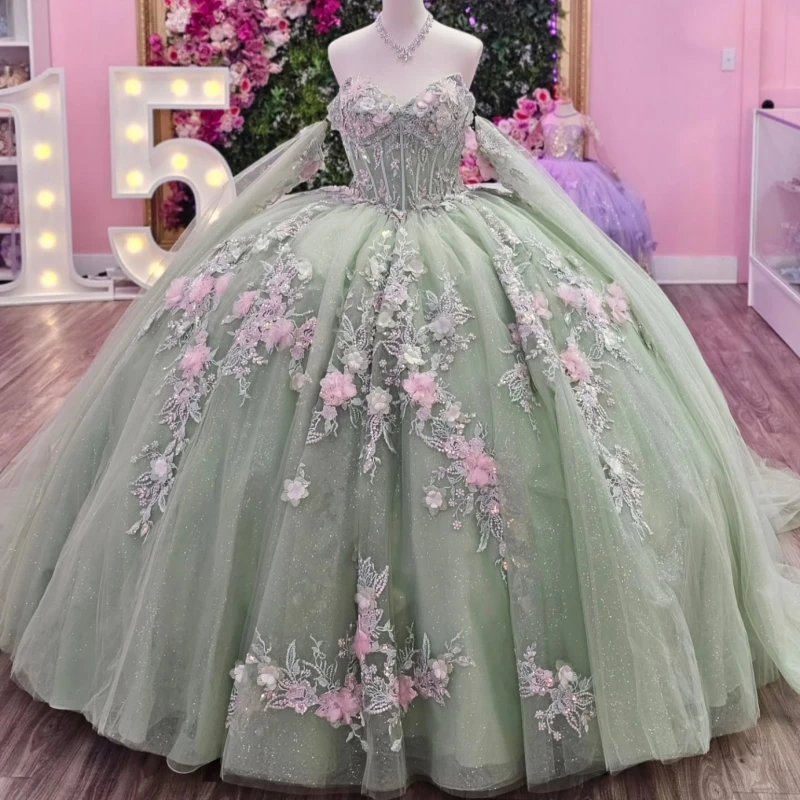 

Green Shiny Quinceanera Dresses Off The Shoulder Applique Flower Beading Crystal Tull Corset Party Birthday Sweet 16 Dress