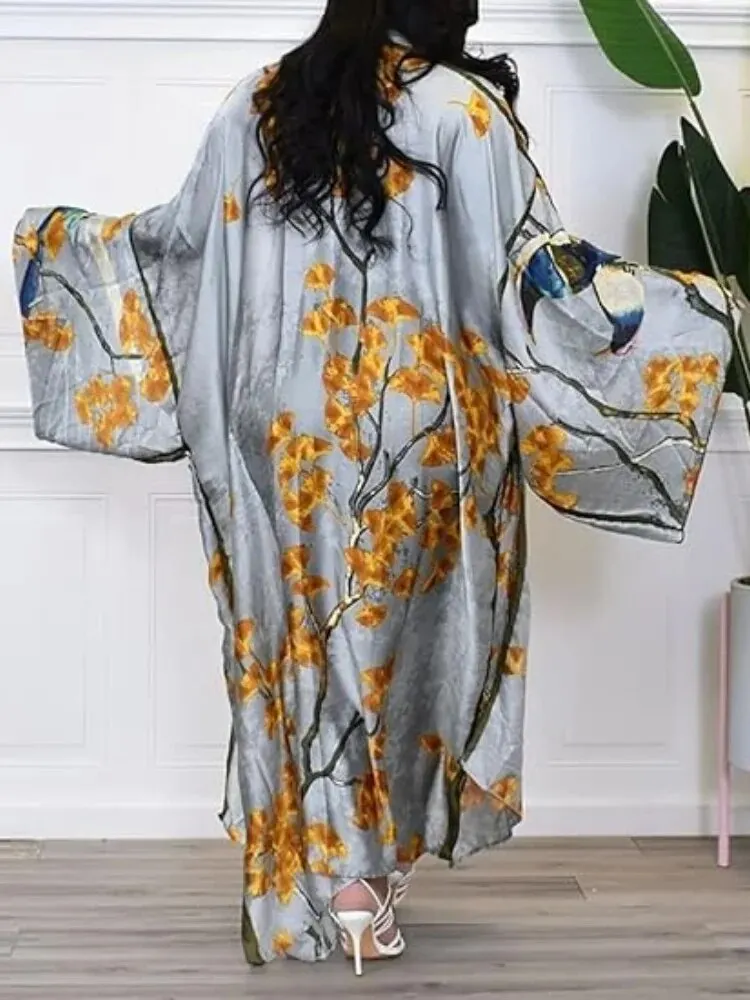 Women\'s Floral Print Satin Robe Kimono Cardigan Open Front Long Cover Ups Outerwear Kimono Robes Long