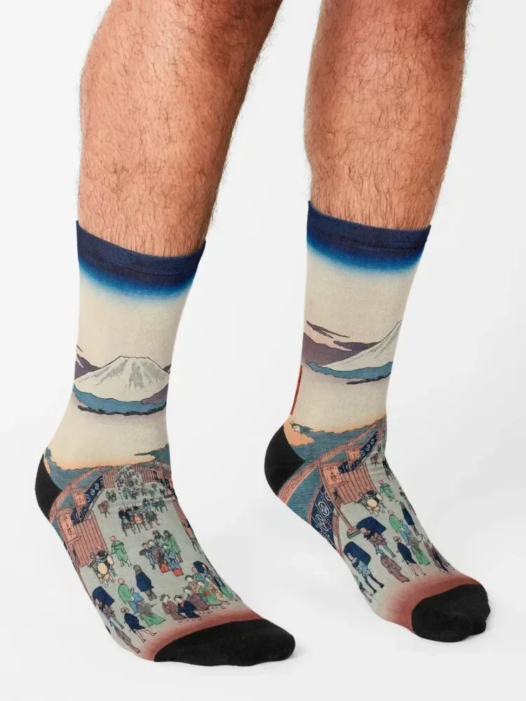 Mount Fuji above Ancient Street Ukiyo-e Japanese Art Socks cute Run christmas stocking moving stockings Socks For Men Women's