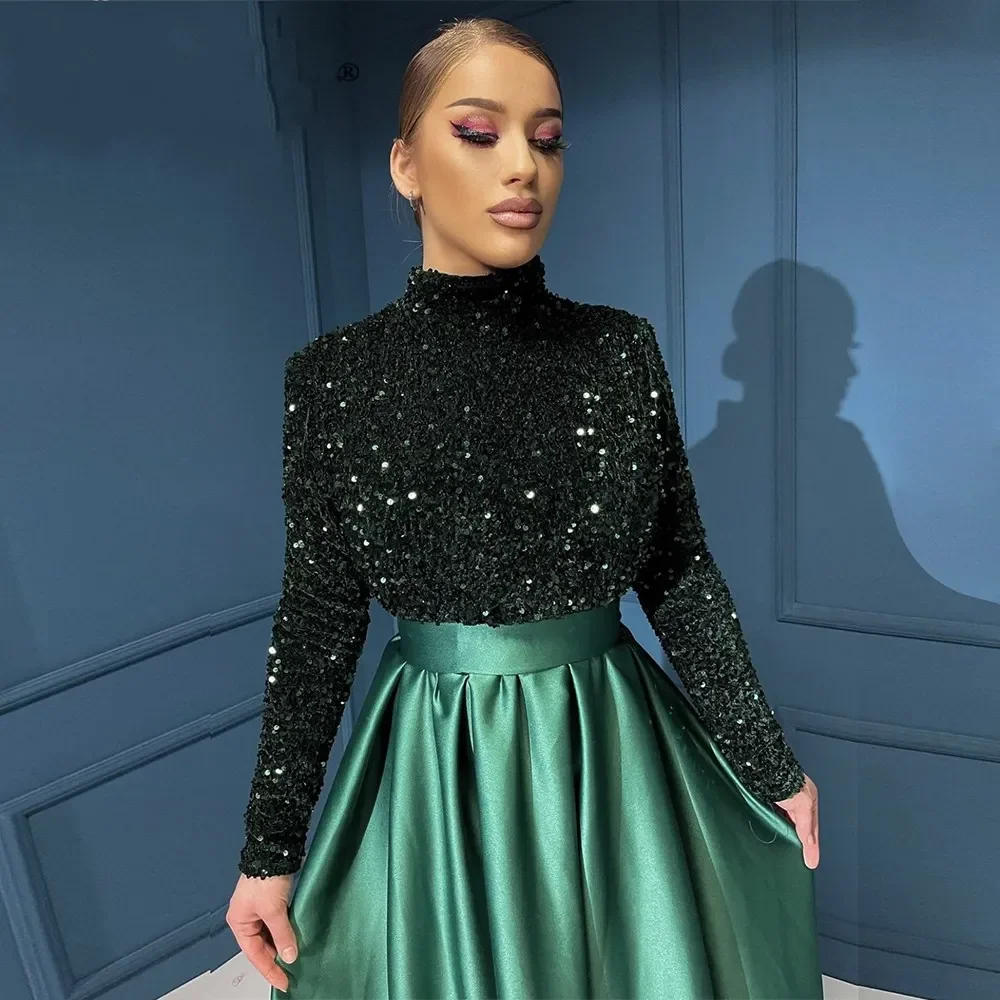 Green Muslim Evening Night Dress for Women Long Sleeves High Neck Aline Sequin Velvet Formal Prom Party Gowns Vestidos De Longo