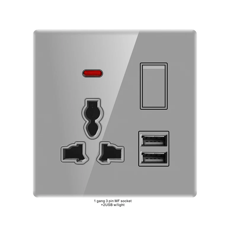Toma de corriente multipunto con Panel de vidrio gris, interruptor de pared eléctrico con 2 puertos USB y luces indicadoras para el hogar, 5 uds.