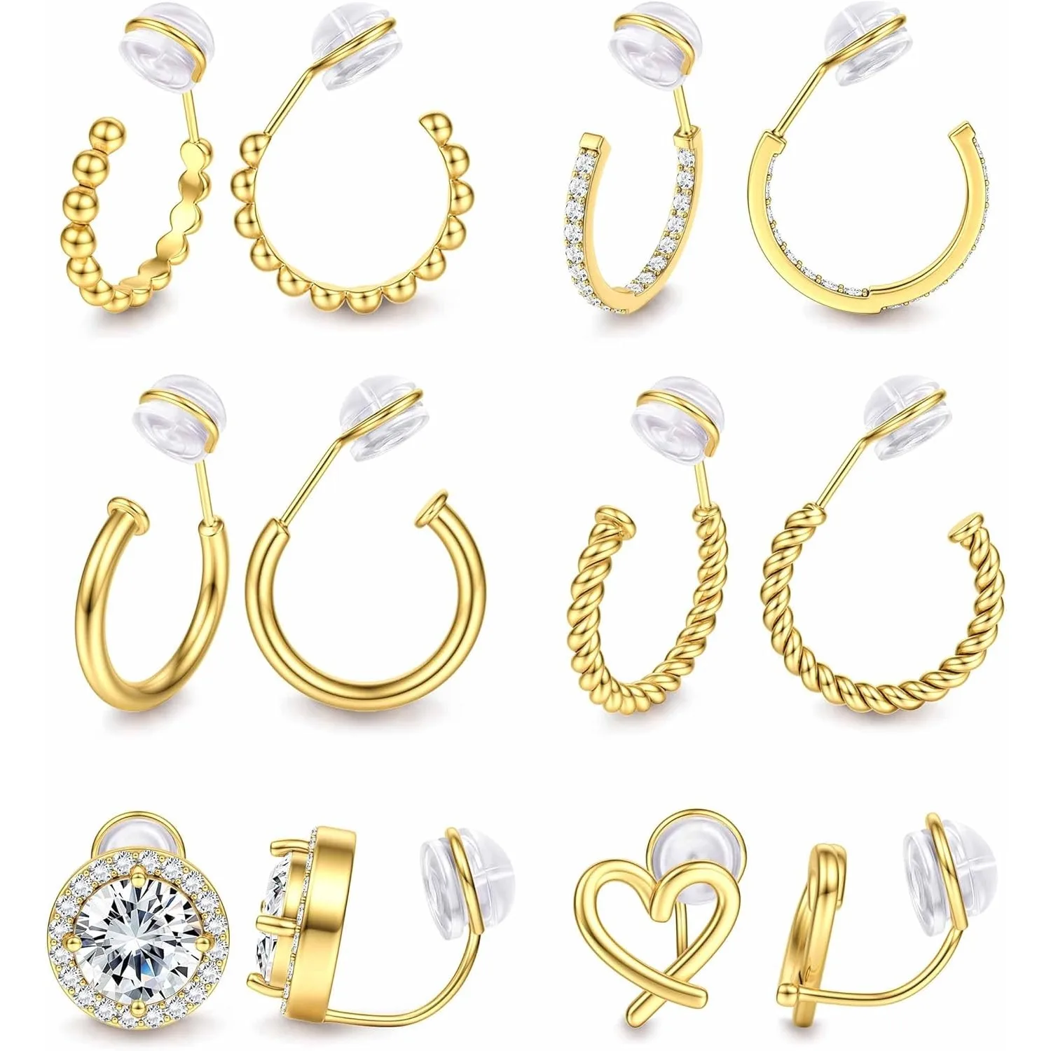 

Drperfect Clip On Earrings Set for Women 14K Gold Plated Non Pierced Earrings Chunky CZ Heart Adjustable Fake Earrings Jewel