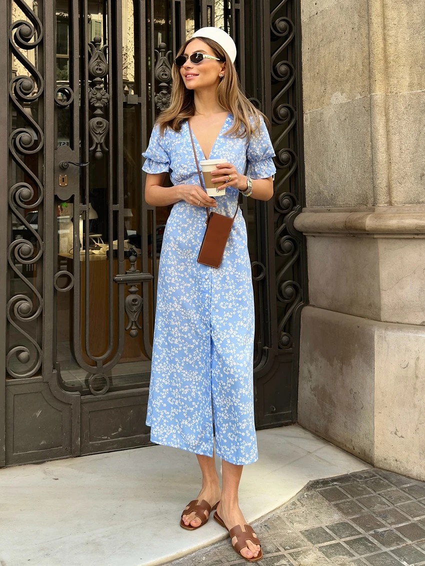 Marthaqiqi Printing Ladies Sleepwear V-Neck Pajamas Short Sleeve Nightgowns Split Nightie Mid-Calf Dress Casual Female Nightwear