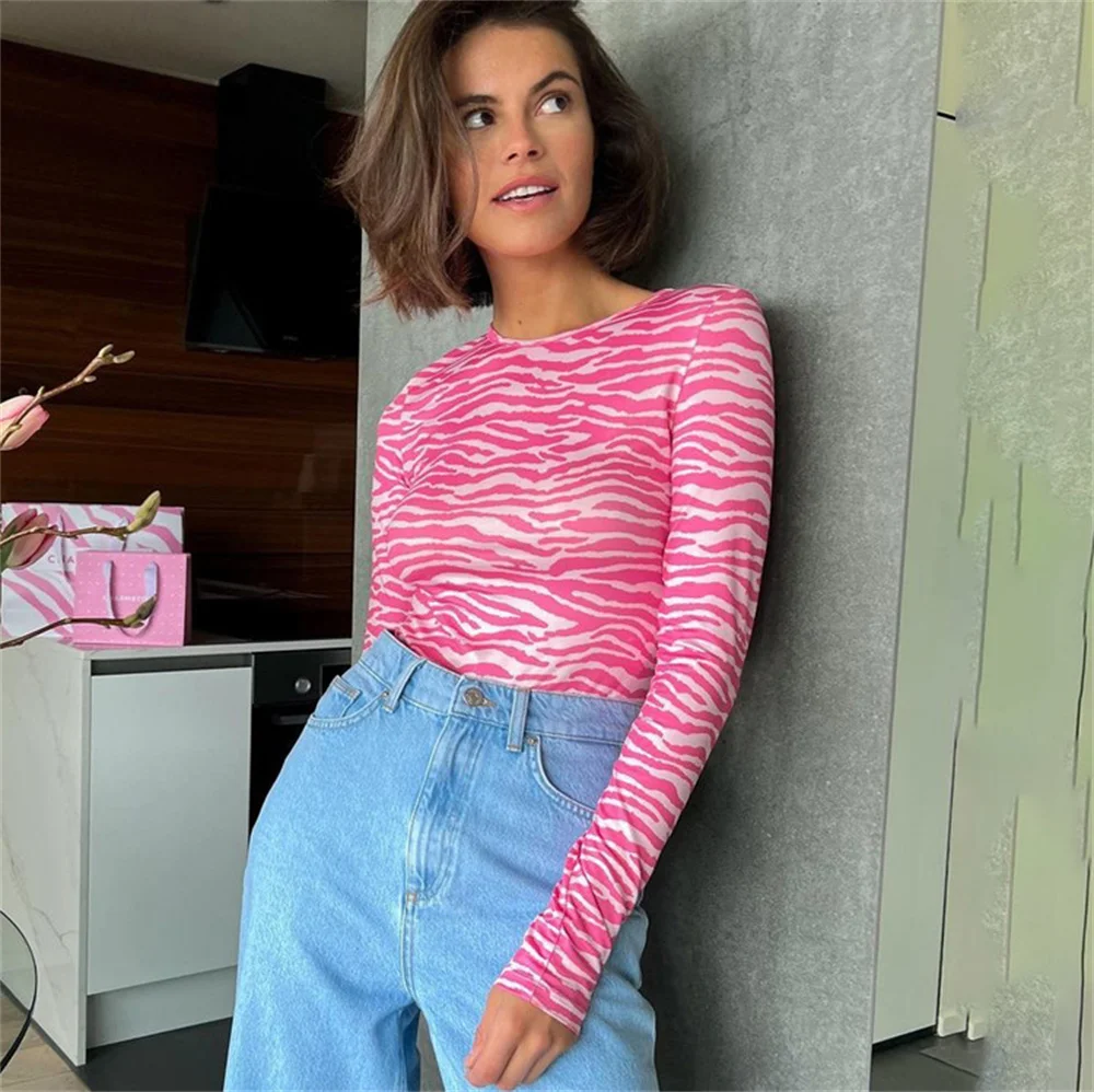 Zebra-Stripe Print Pink Slim Top for Women Fashion O-Neck Long Sleeve T Shirts Female Spring Summer Bodycon Streetwear