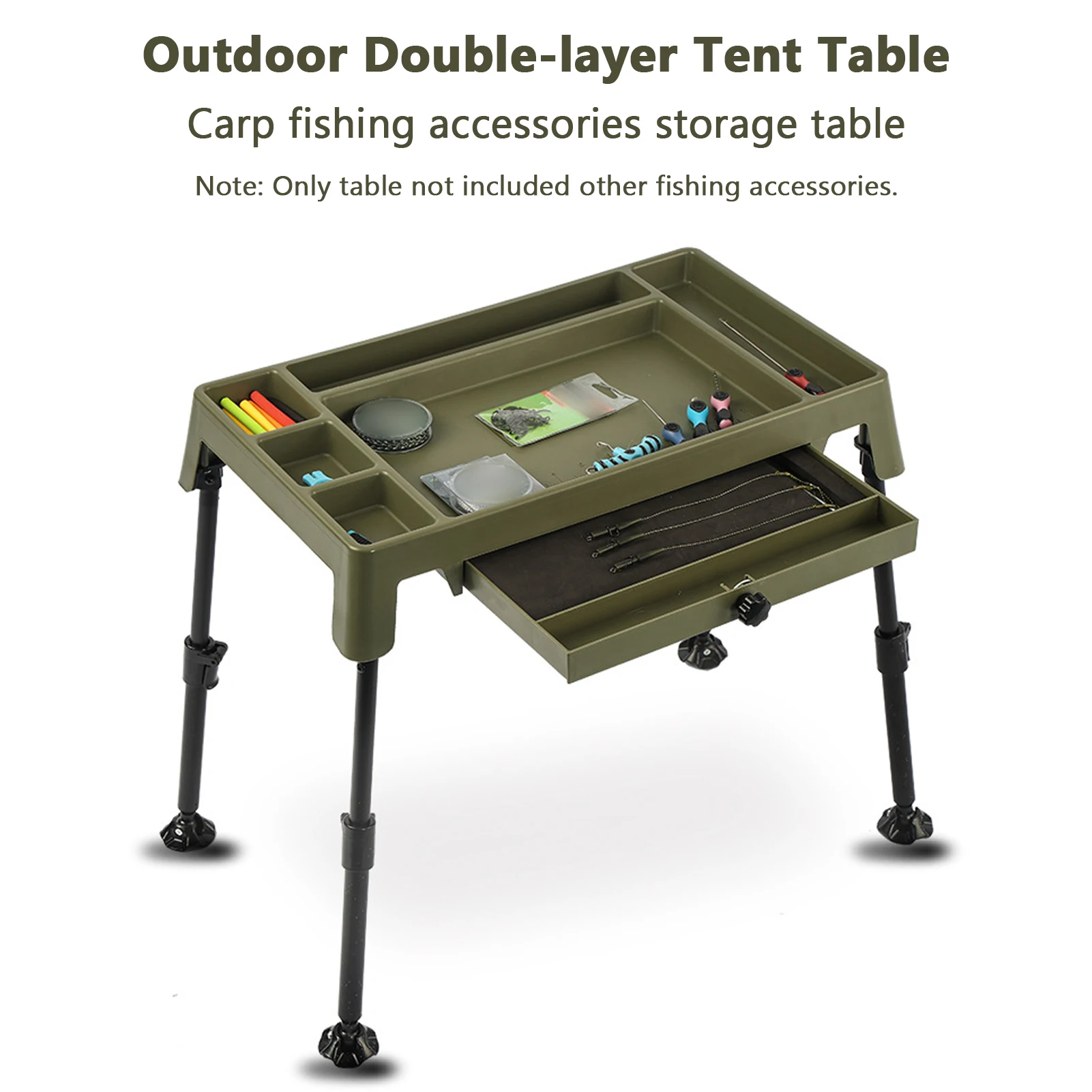 طاولة خيمة بطبقة مزدوجة لتخزين ملحقات الصيد مع طاولة تخييم قابلة للطي بتصميم قابل للتعديل
