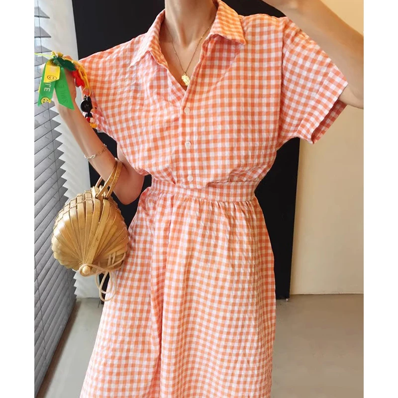 

Chic Summer Vintage Plaid High Waist Slim Fit ort Sve Dr Long Dr Women's Faion Korean Sle Button up Collared D...