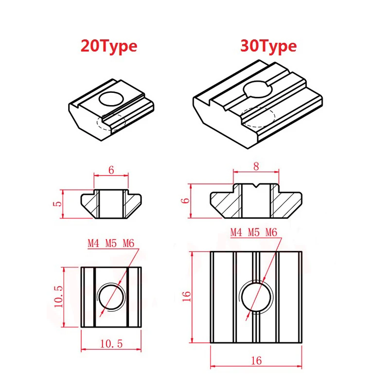 50pcs 2020 3030 Aluminum Profile Slider Nut M3 M4 M5 M6 T Block Square Nuts T-Track Sliding Hammer Nut Fastener 3D Printer Parts