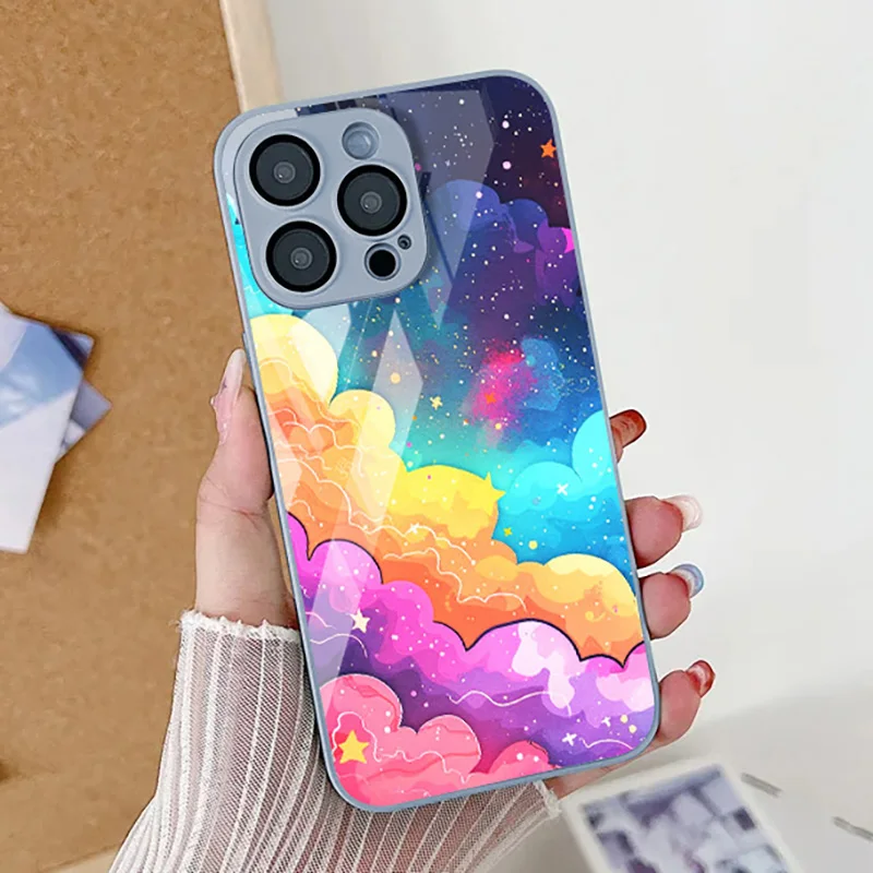 Blue Feather Tempered Glass Case For iPhone 14 Pro Max Case iPhone 13 15 12 11 X XS XR 7 8 SE Fundas Shockproof Protective Cover