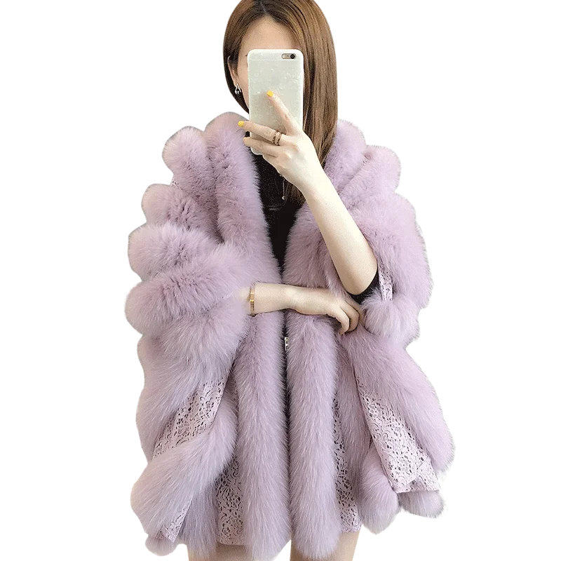 

Fox fur women's autumn and winter shawl cape medium and long Haining coat